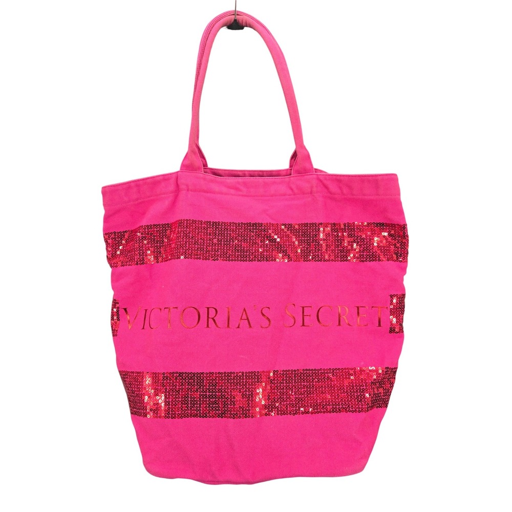 Victoria's Secret Hot Pink Canvas Tote Bag Beach Sequin Stripes Metallic Logo L
